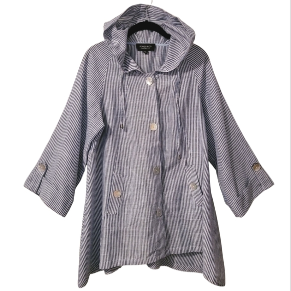 Jones NY Linen Cotton Blue White Striped Button-up Tunic Wmn L Lagenlook Coastal - Picture 1 of 15